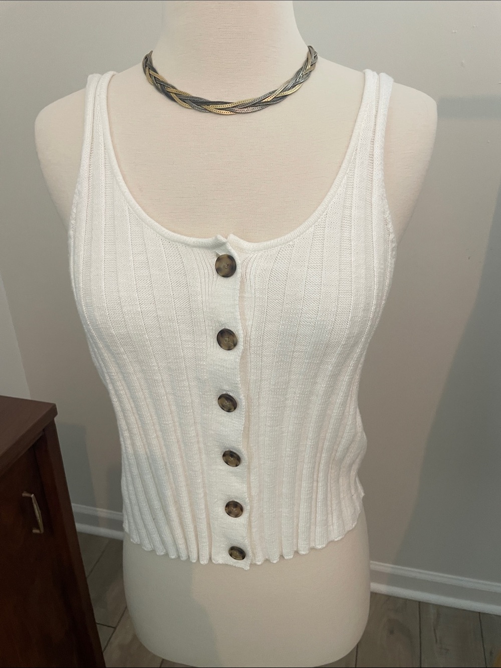 LOFT White Ribbed Button-Front Tank